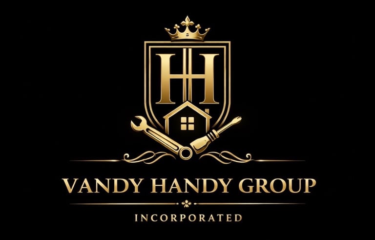 Vandy Handy Group gold logo with shield, crown, and house symbol on black background
